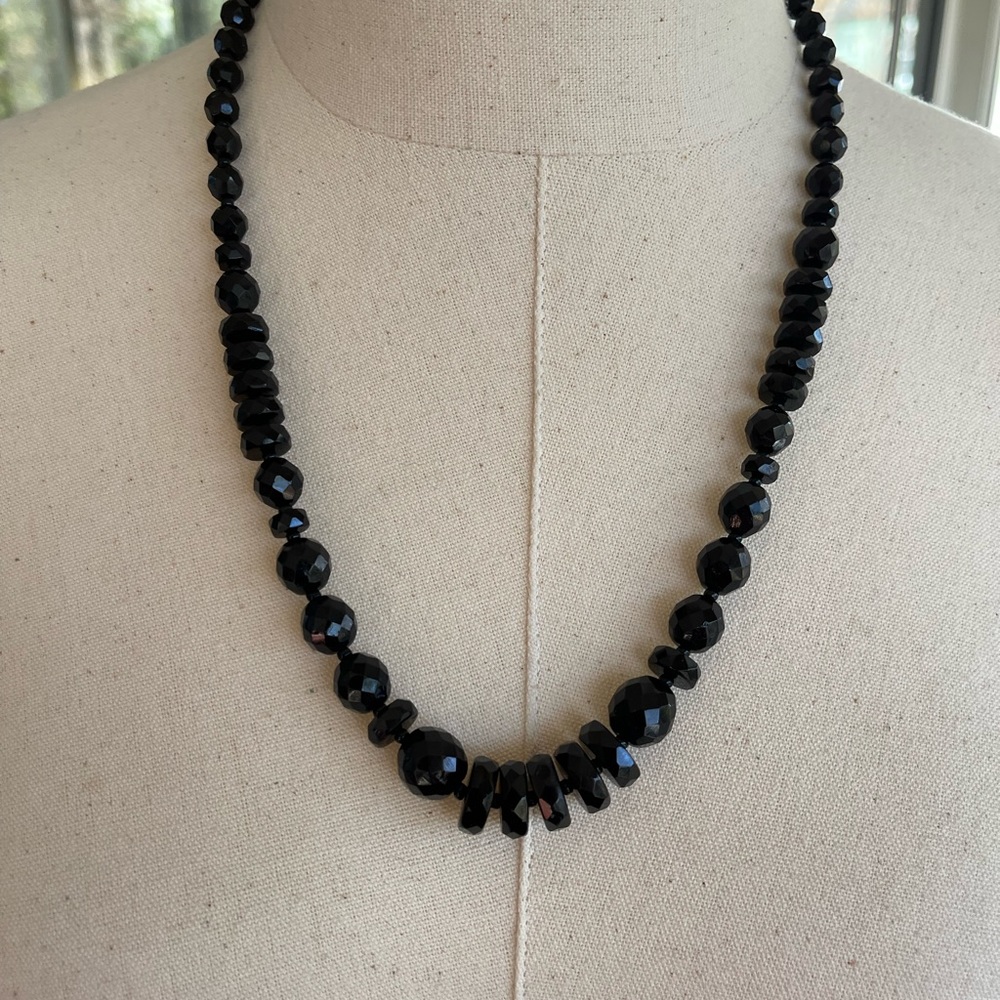Vintage Black faceted Glass Knotted Beaded Necklace 22”